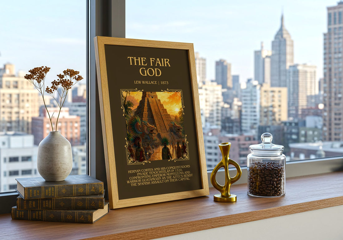 The Fair God Minimalist Book Poster by Lew Wallace – framed print on a city-view windowsill