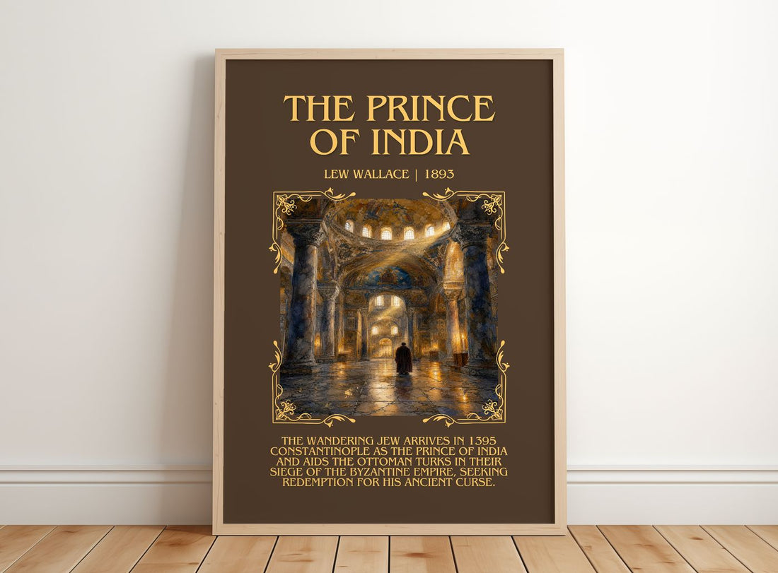 The Prince Of India Minimalist Book Poster by Lew Wallace – framed print leaning on a wooden floor