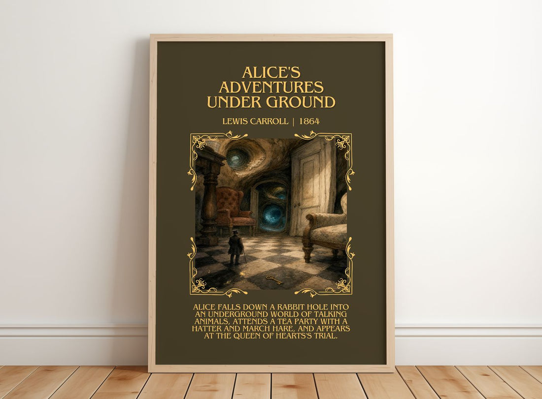 Alice'S Adventures Under Ground Minimalist Book Poster by L. Carroll – framed print leaning on a wooden floor