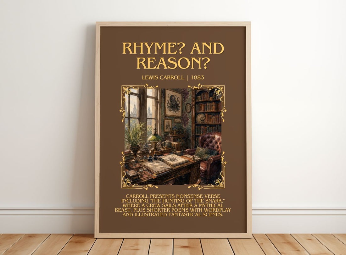 Rhyme? And Reason? Minimalist Book Poster by Lewis Carroll – framed print leaning on a wooden floor