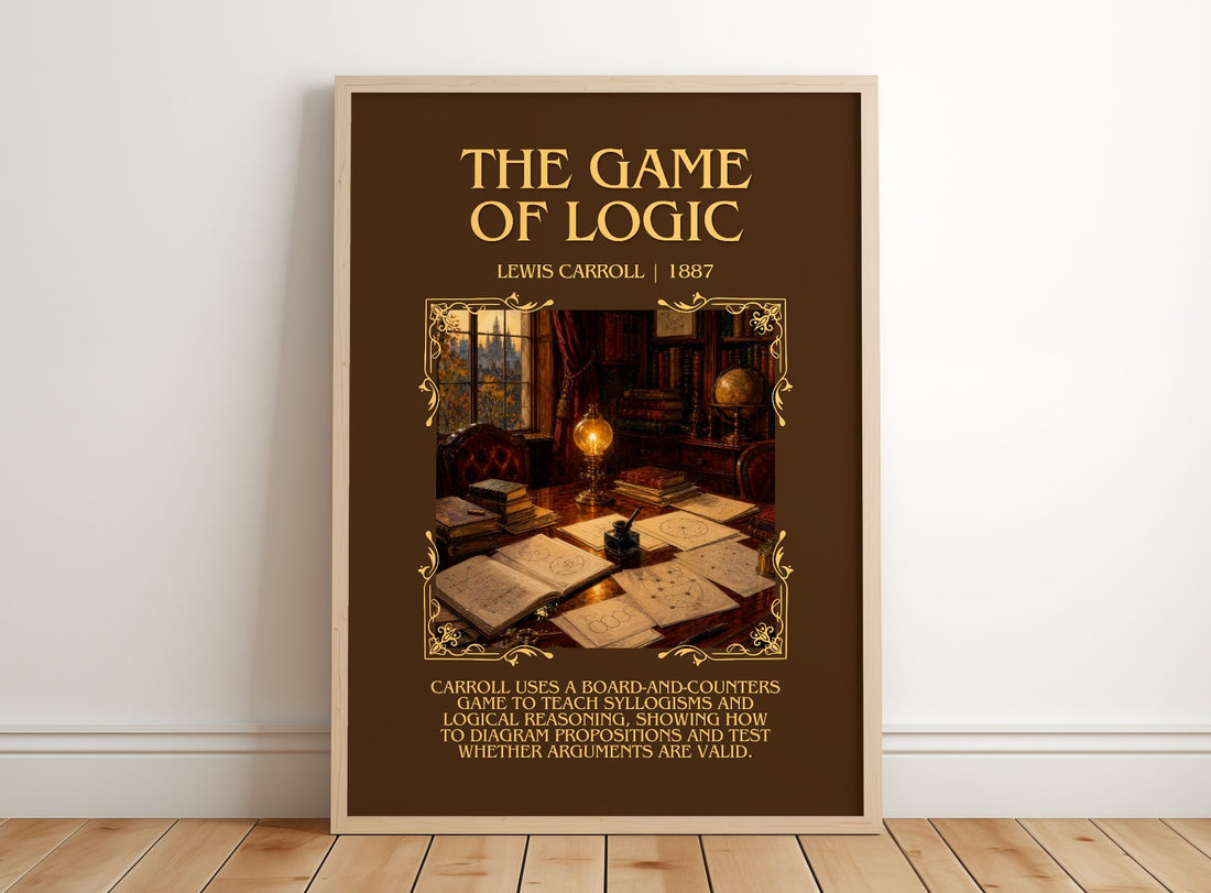 The Game Of Logic Minimalist Book Poster by Lewis Carroll – framed print leaning on a wooden floor