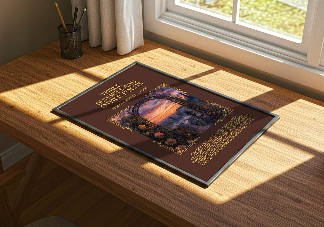 Three Sunsets And Other Poems Minimalist Book Poster by Lewis Carroll – print on a sunlit desk