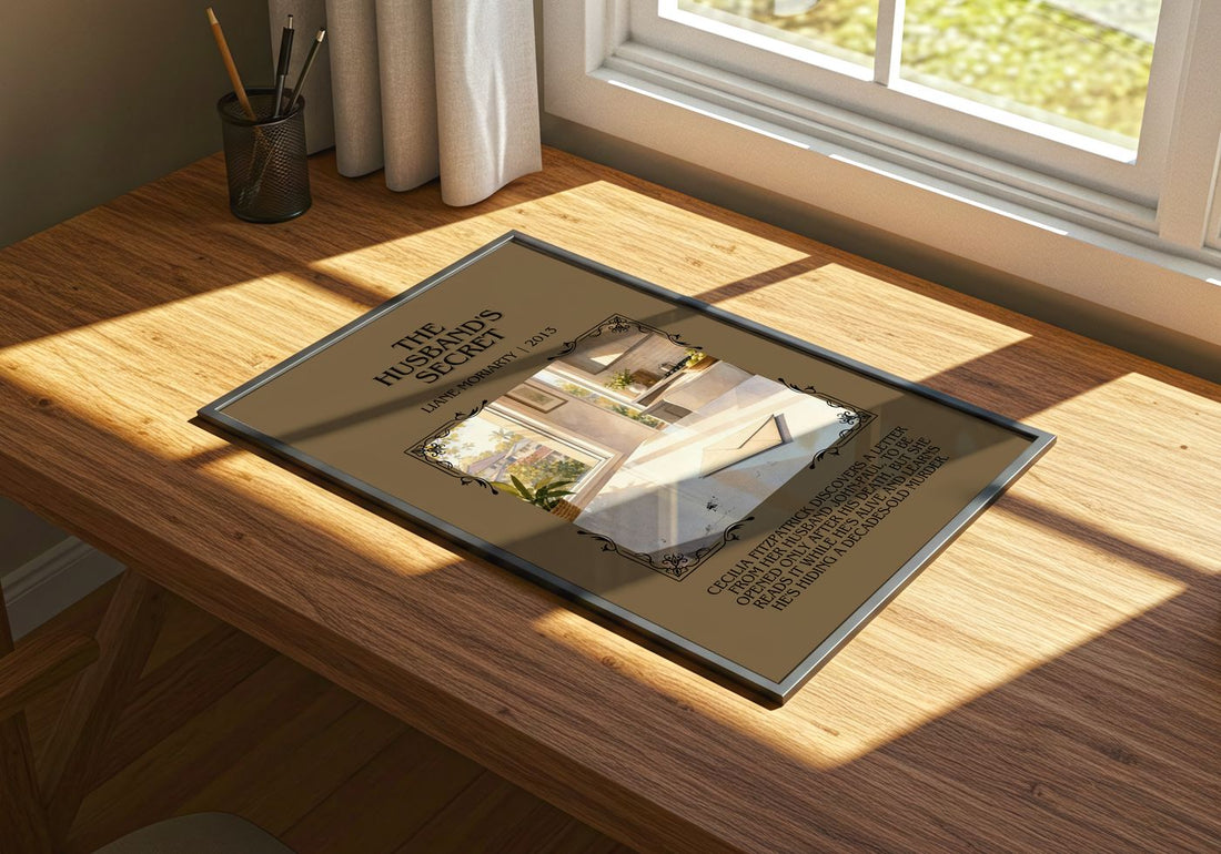 The Husband'S Secret Minimalist Book Poster by Liane Moriarty – print on a sunlit desk