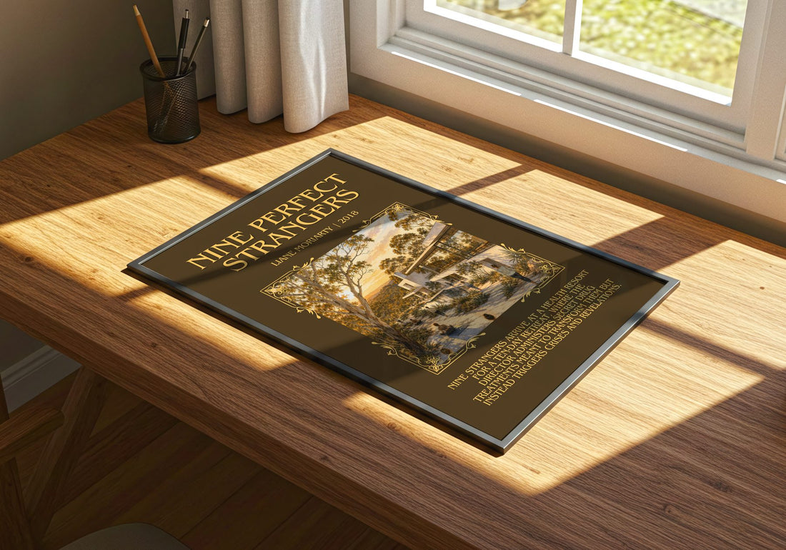 Nine Perfect Strangers Minimalist Book Poster by Liane Moriarty – print on a sunlit desk