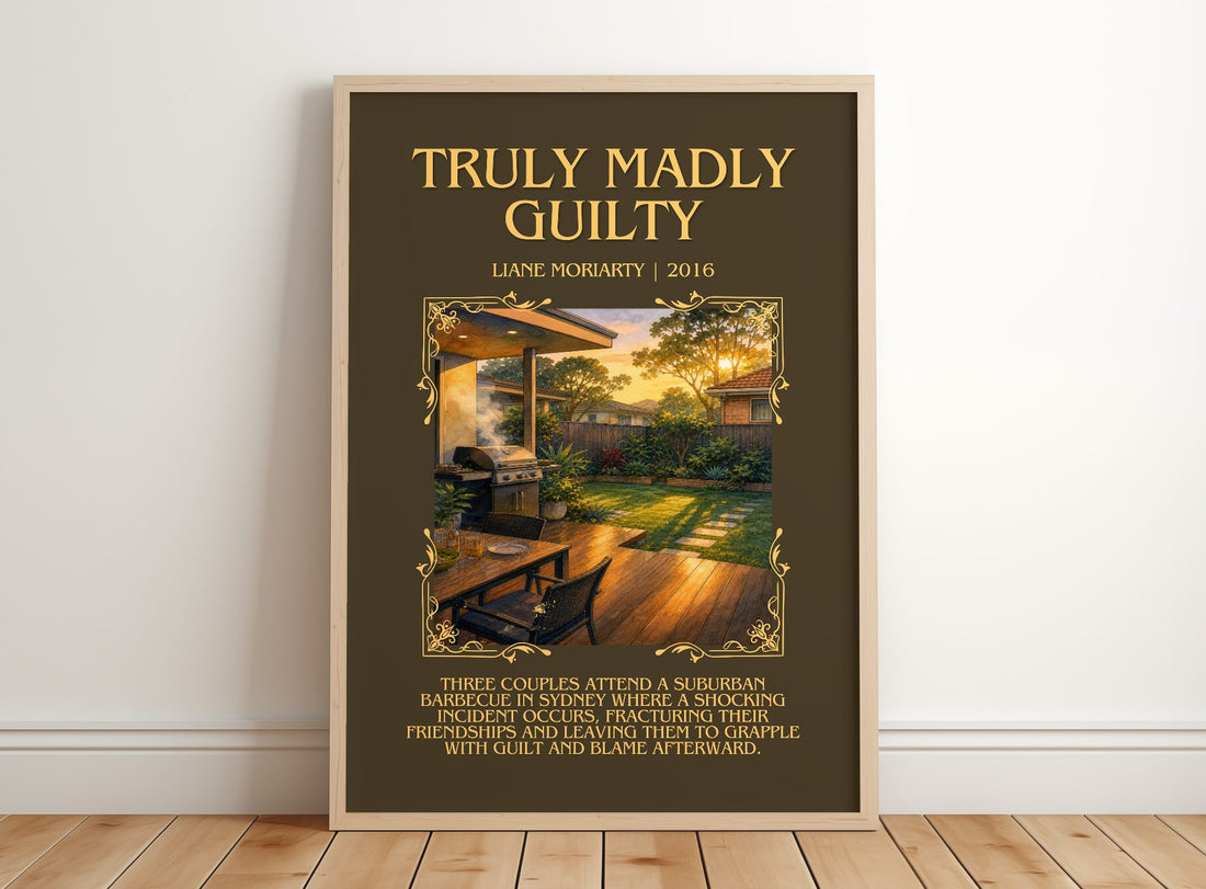 Truly Madly Guilty Minimalist Book Poster by Liane Moriarty – framed print leaning on a wooden floor