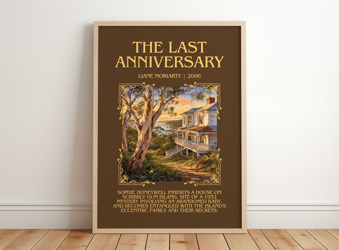 The Last Anniversary Minimalist Book Poster by Liane Moriarty – framed print leaning on a wooden floor