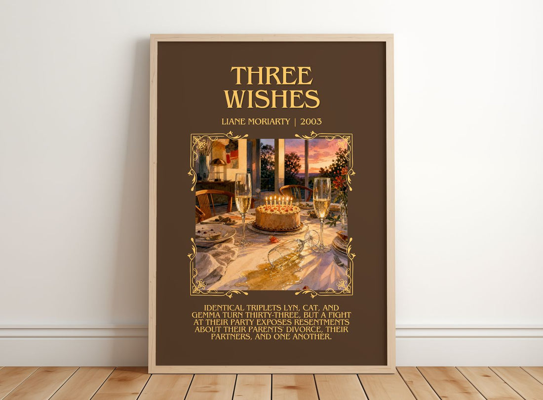 Three Wishes Minimalist Book Poster by Liane Moriarty – framed print leaning on a wooden floor