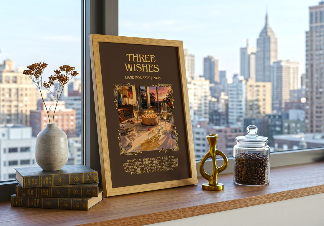 Three Wishes Minimalist Book Poster by Liane Moriarty – framed print on a city-view windowsill