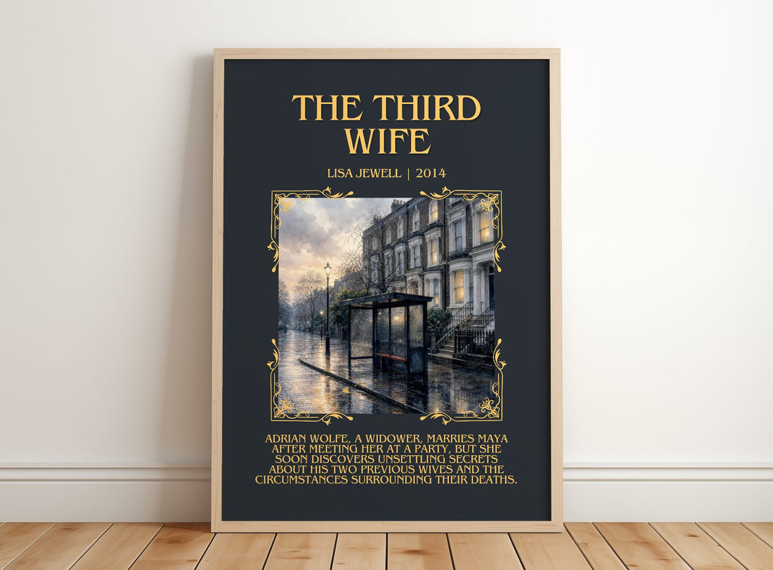 The Third Wife Minimalist Book Poster by Lisa Jewell – framed print leaning on a wooden floor