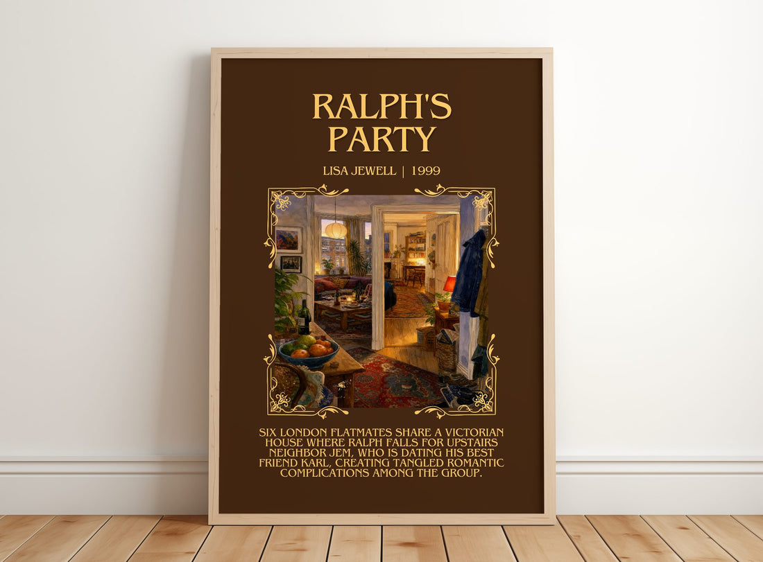 Ralph'S Party Minimalist Book Poster by Lisa Jewell – framed print leaning on a wooden floor
