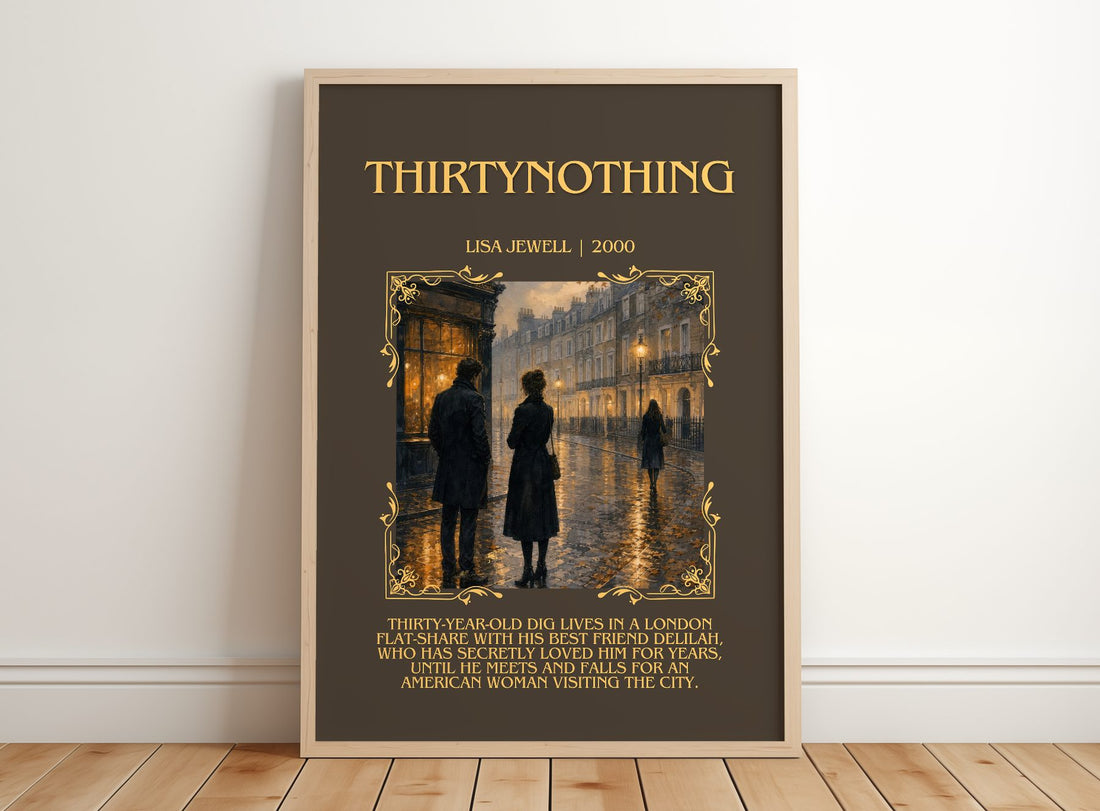 Thirtynothing Minimalist Book Poster by Lisa Jewell – framed print leaning on a wooden floor