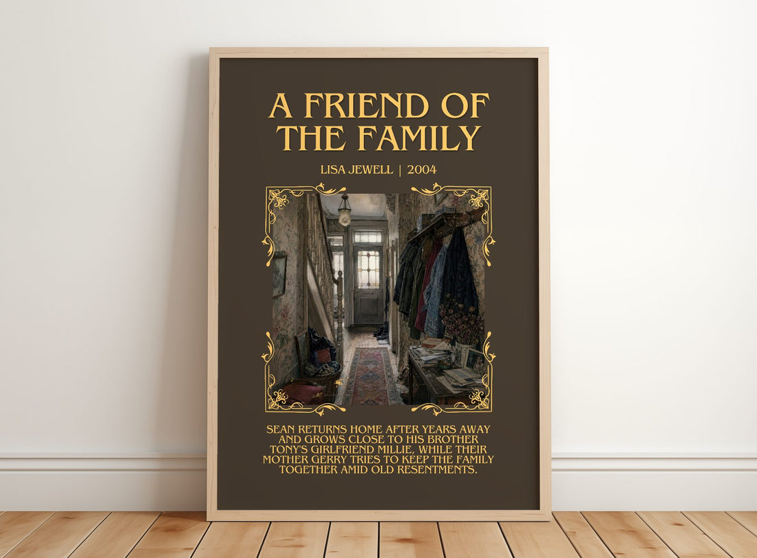 A Friend Of The Family Minimalist Book Poster by Lisa Jewell – framed print leaning on a wooden floor