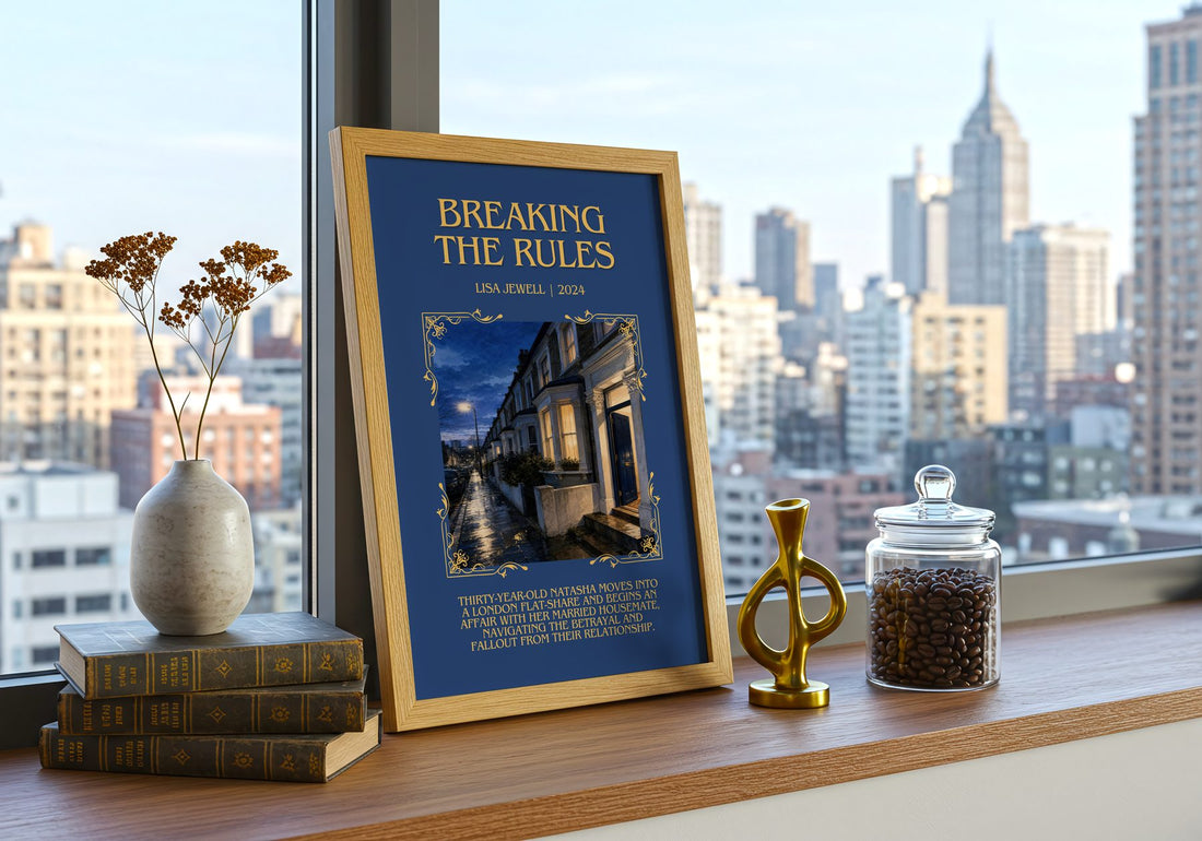 Breaking The Rules Minimalist Book Poster by Lisa Jewell – framed print on a city-view windowsill