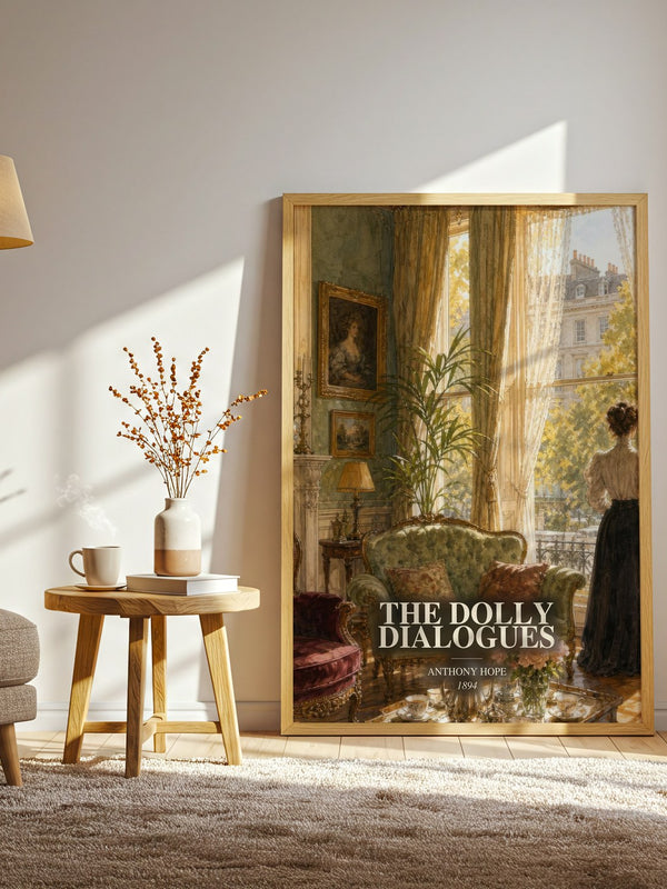 The Dolly Dialogues watercolour print in frame leaning in hallway – classic literature wall art