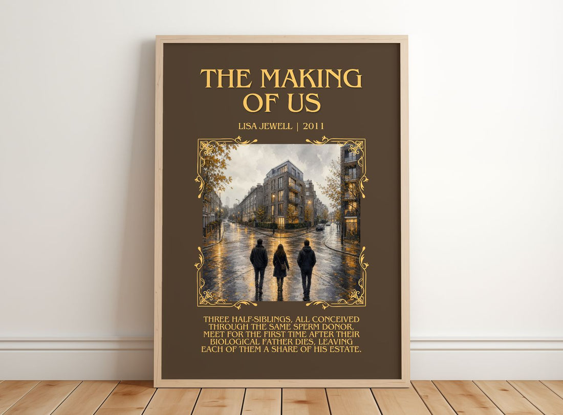 The Making Of Us Minimalist Book Poster by Lisa Jewell – framed print leaning on a wooden floor