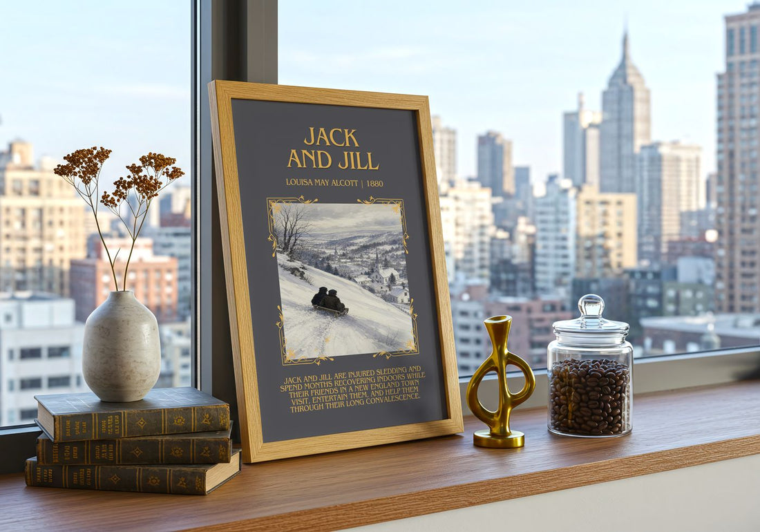 Jack And Jill Minimalist Book Poster by Louisa May Alcott – framed print on a city-view windowsill