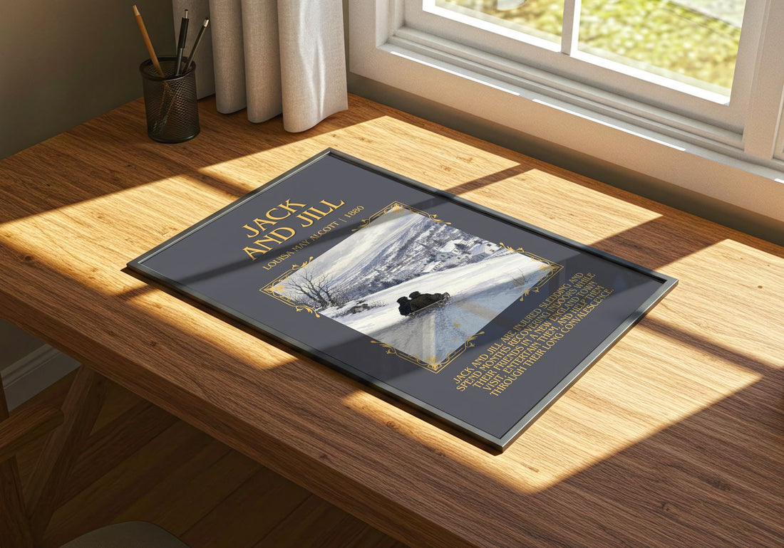 Jack And Jill Minimalist Book Poster by Louisa May Alcott – print on a sunlit desk