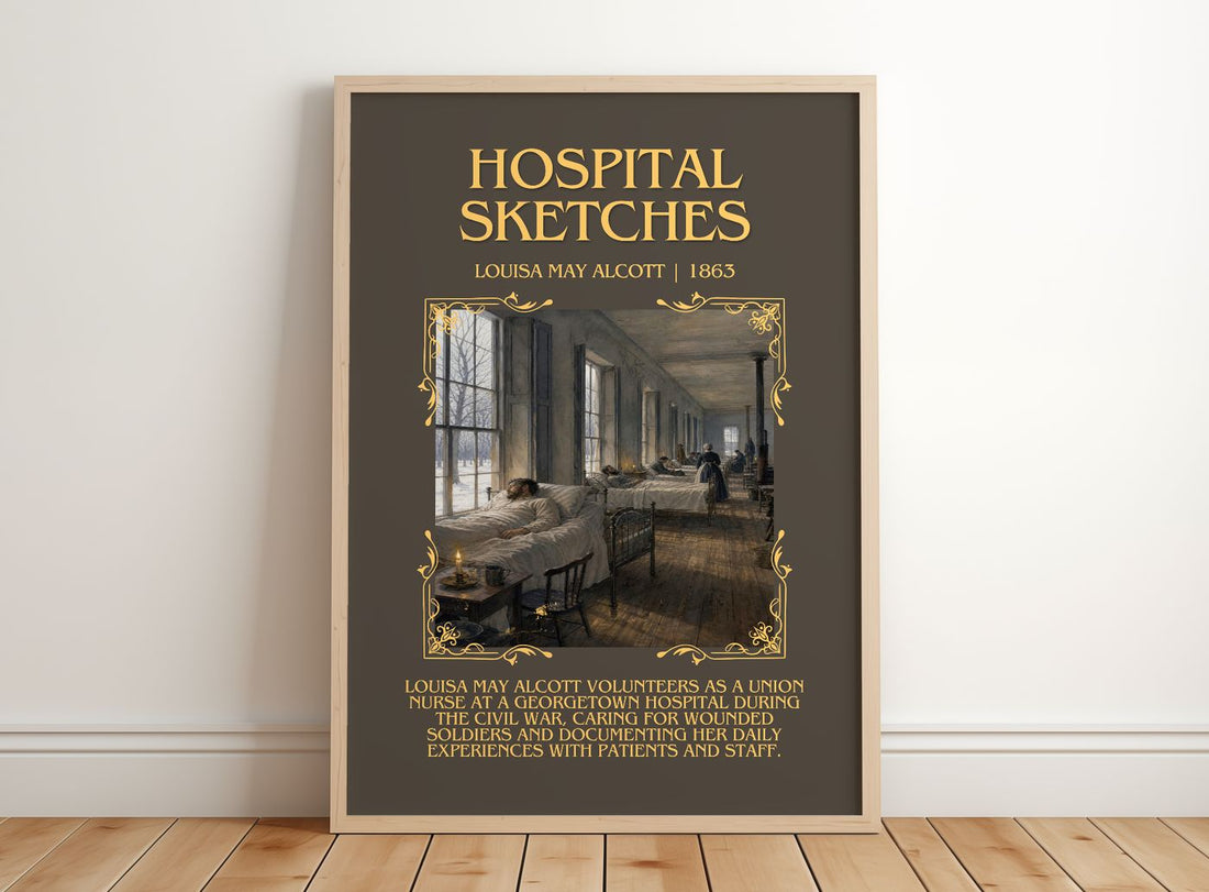 Hospital Sketches Minimalist Book Poster by Louisa May Alcott – framed print leaning on a wooden floor