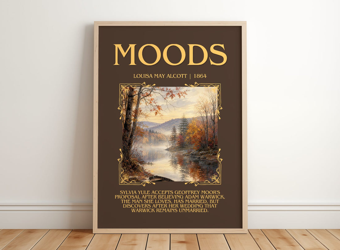 Moods Minimalist Book Poster by Louisa May Alcott – framed print leaning on a wooden floor