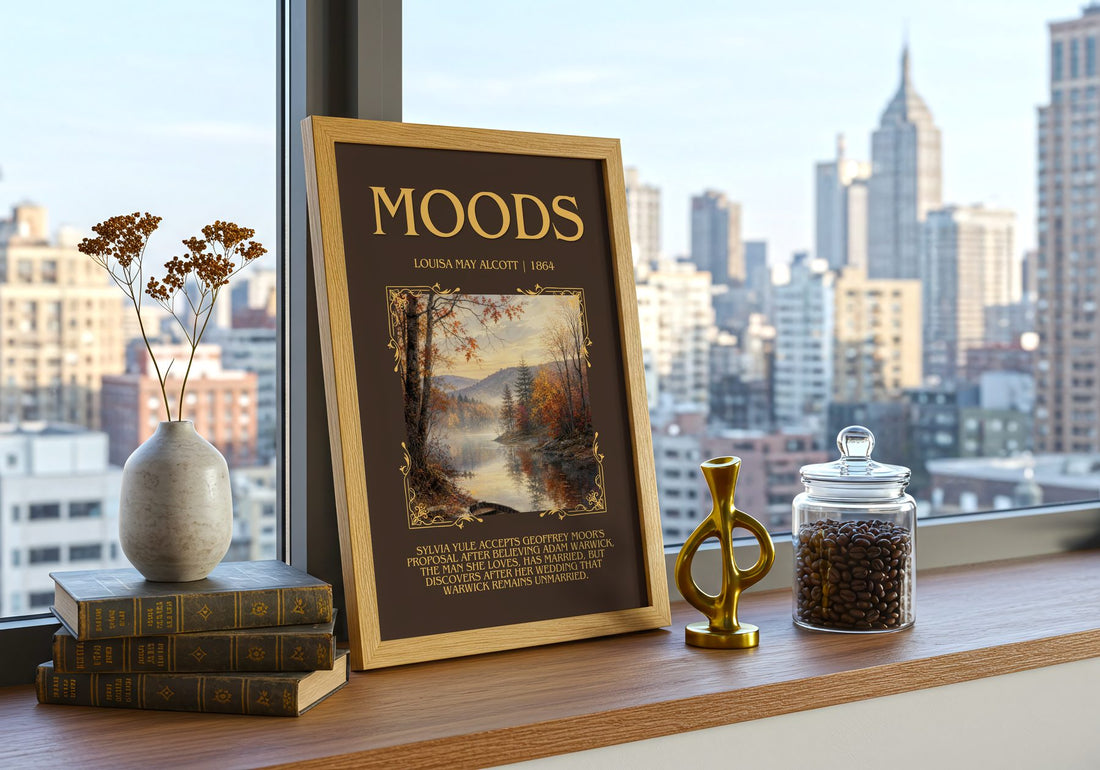 Moods Minimalist Book Poster by Louisa May Alcott – framed print on a city-view windowsill