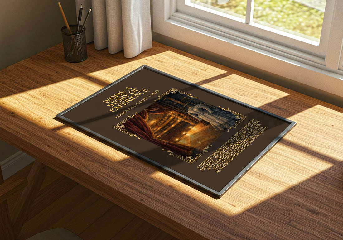 Work: A Story Of Experience Minimalist Book Poster by L. Alcott – print on a sunlit desk