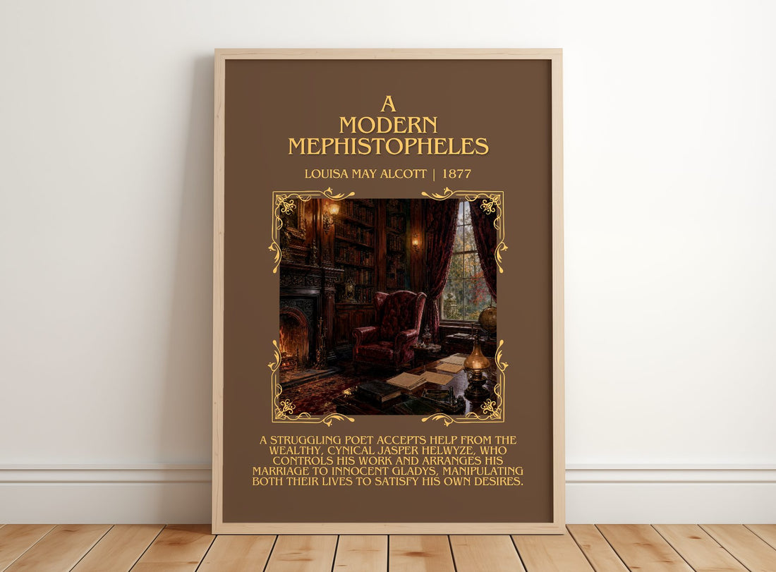 A Modern Mephistopheles Minimalist Book Poster by Louisa May Alcott – framed print leaning on a wooden floor