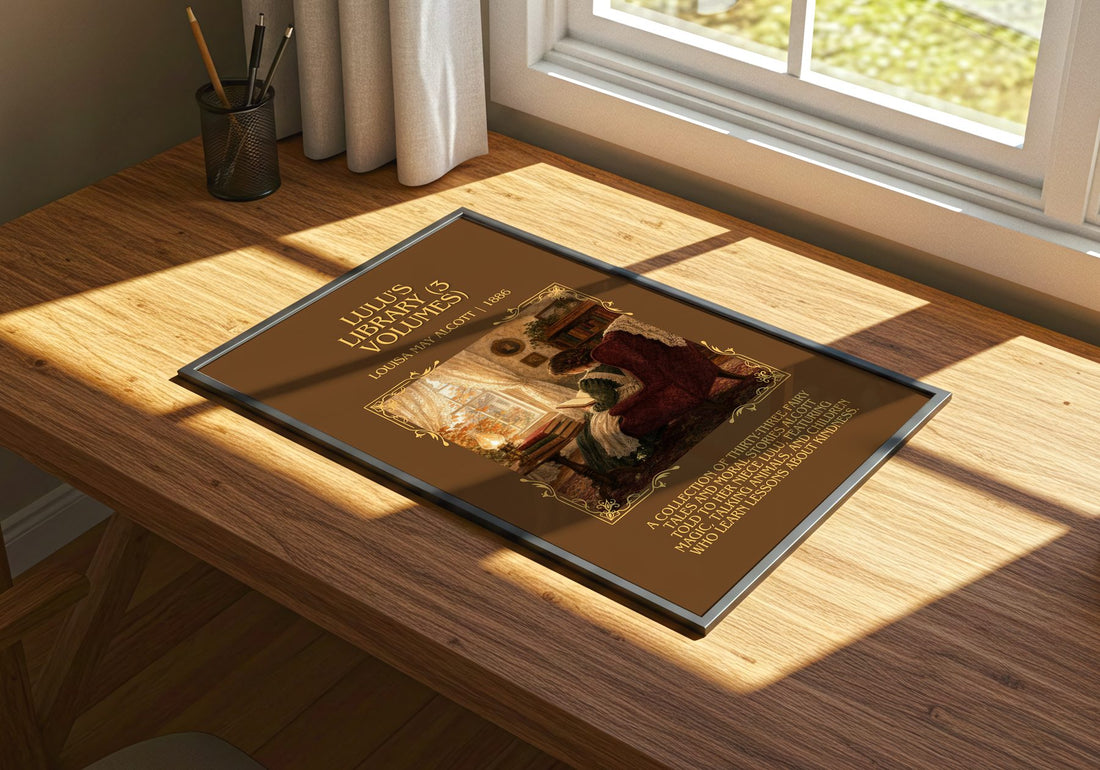 Lulu'S Library (3 Volumes) Minimalist Book Poster by Louisa May Alcott – print on a sunlit desk