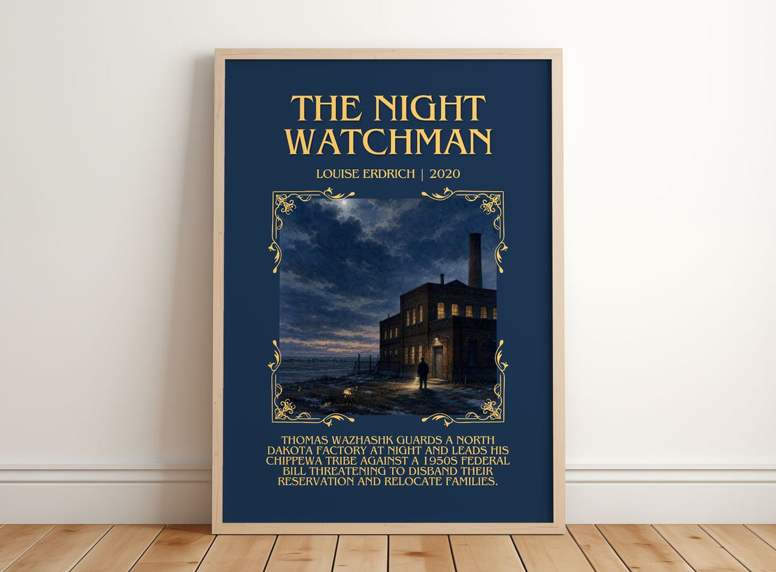 The Night Watchman Minimalist Book Poster by Louise Erdrich – framed print leaning on a wooden floor