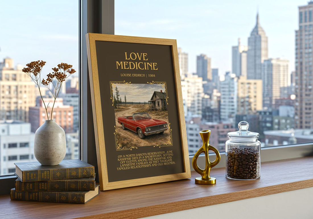 Love Medicine Minimalist Book Poster by Louise Erdrich – framed print on a city-view windowsill