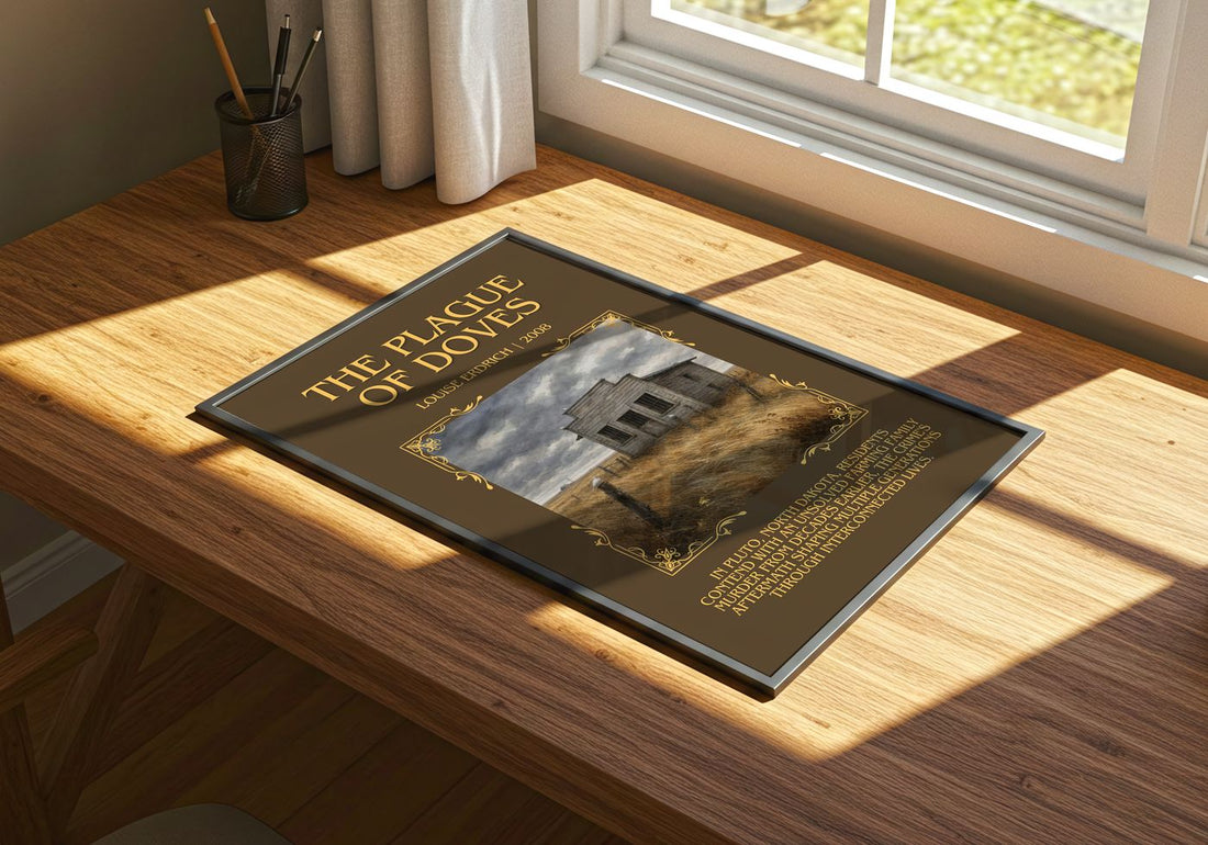 The Plague Of Doves Minimalist Book Poster by Louise Erdrich – print on a sunlit desk