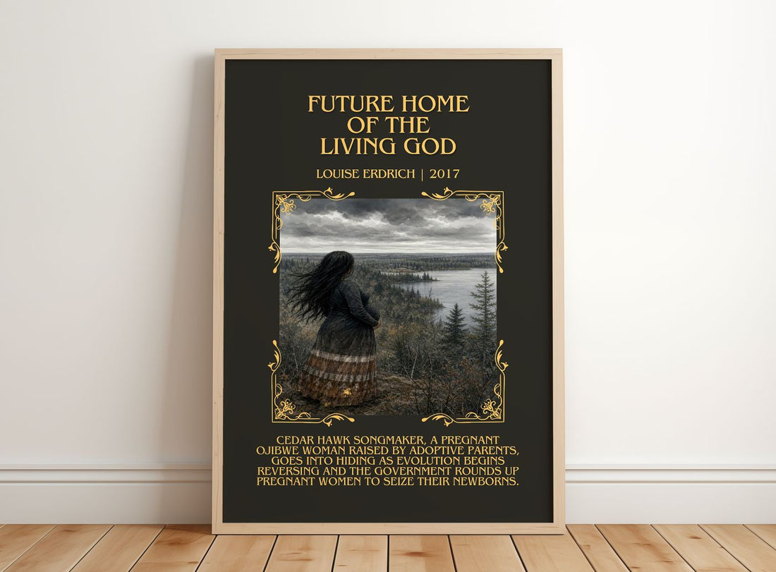 Future Home Of The Living God Minimalist Book Poster by Louise Erdrich – framed print leaning on a wooden floor