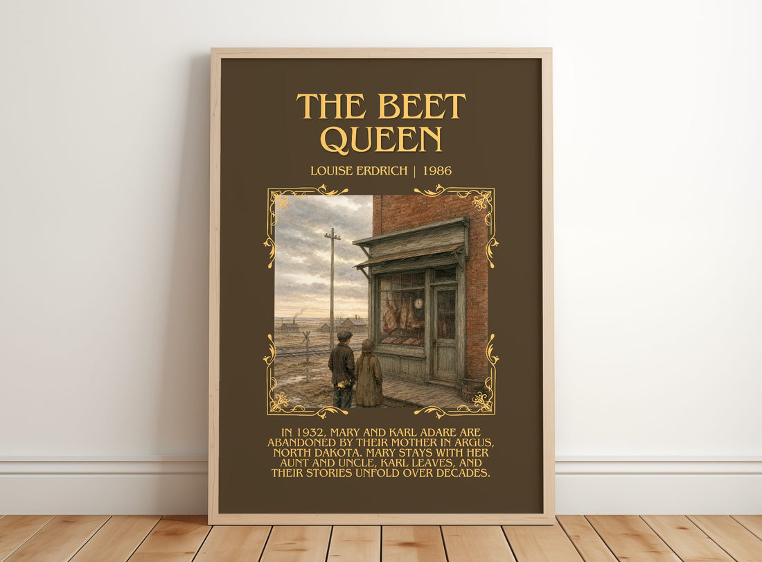 The Beet Queen Minimalist Book Poster by Louise Erdrich – framed print leaning on a wooden floor