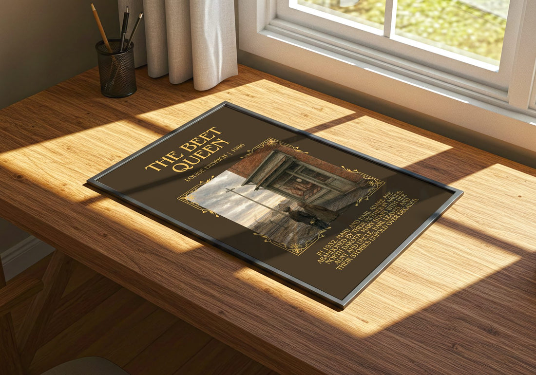 The Beet Queen Minimalist Book Poster by Louise Erdrich – print on a sunlit desk