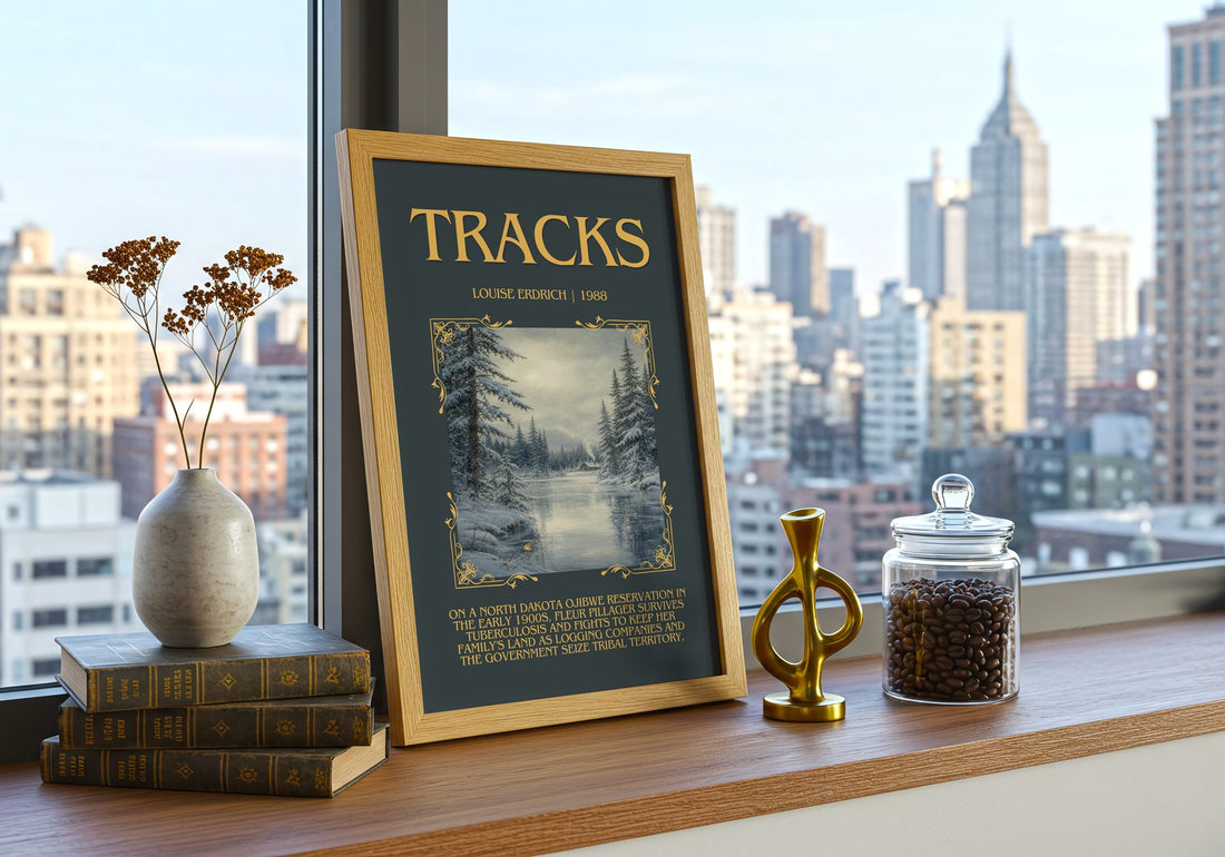 Tracks Minimalist Book Poster by Louise Erdrich – framed print on a city-view windowsill