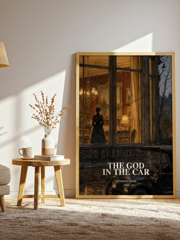 The God In The Car watercolour print in frame leaning in hallway – literary fiction wall art