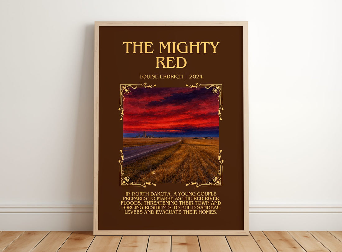 The Mighty Red Minimalist Book Poster by Louise Erdrich – framed print leaning on a wooden floor