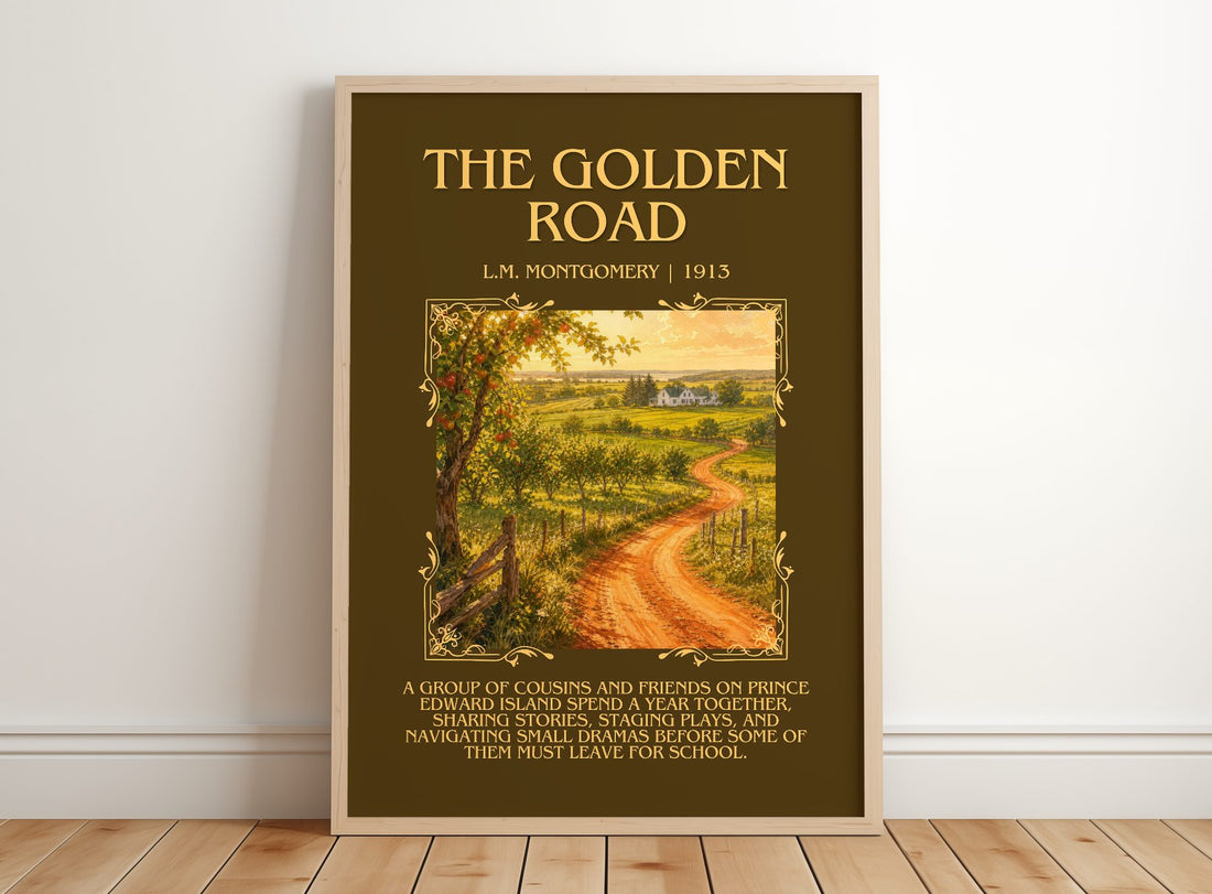 The Golden Road Minimalist Book Poster by L.M. Montgomery – framed print leaning on a wooden floor