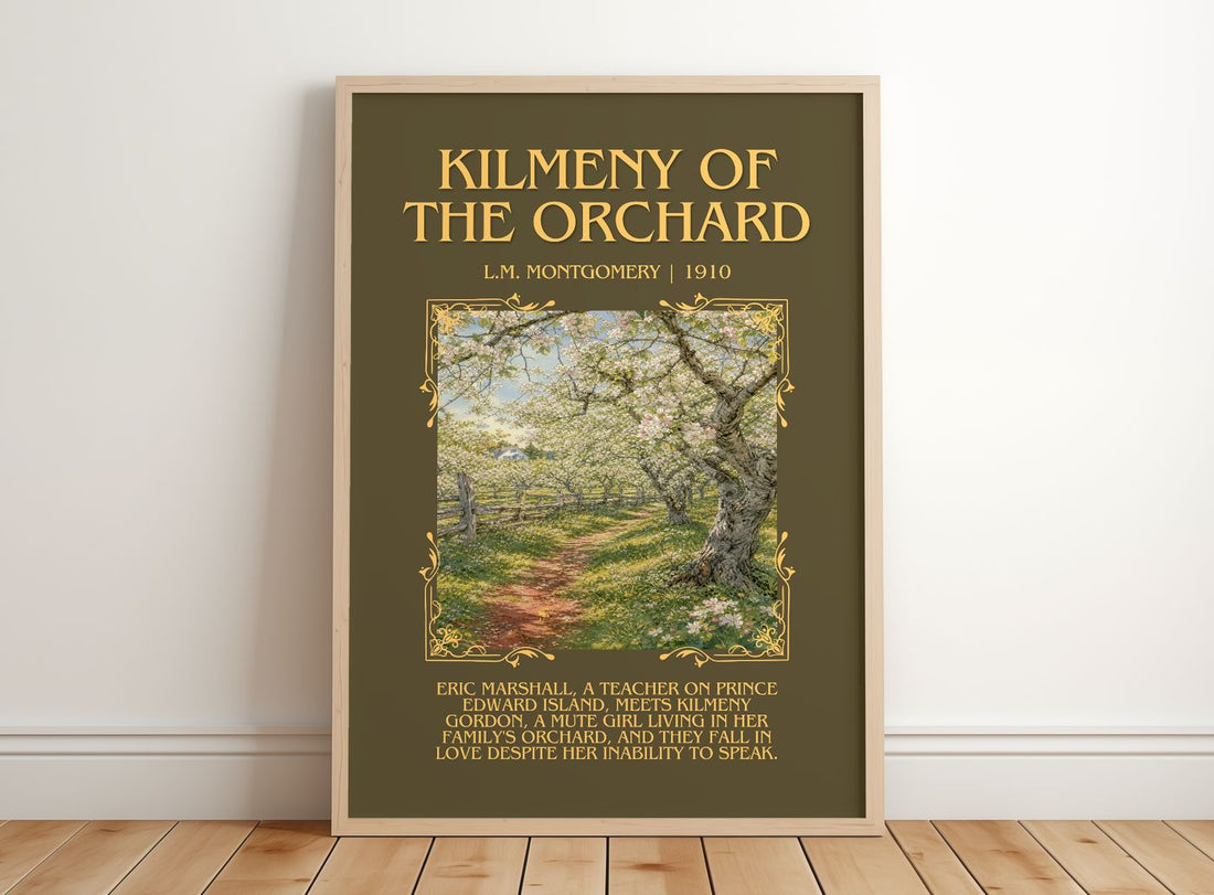 Kilmeny Of The Orchard Minimalist Book Poster by L.M. Montgomery – framed print leaning on a wooden floor