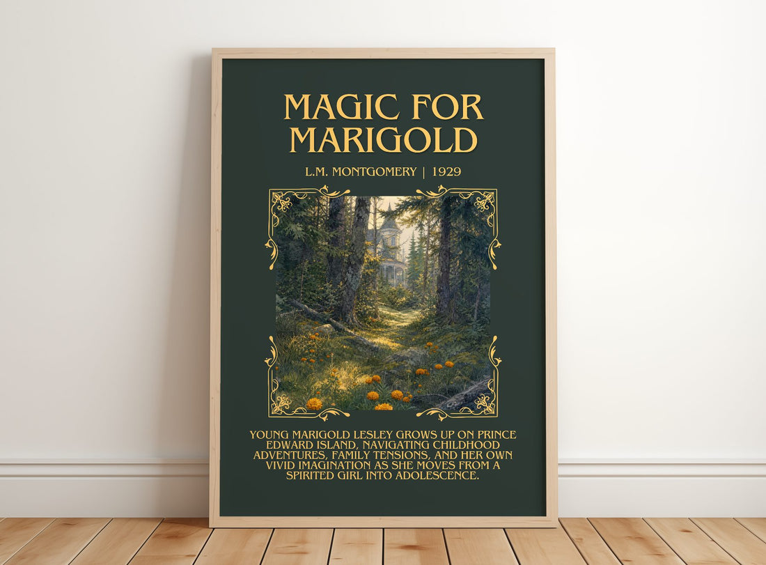 Magic For Marigold Minimalist Book Poster by L.M. Montgomery – framed print leaning on a wooden floor