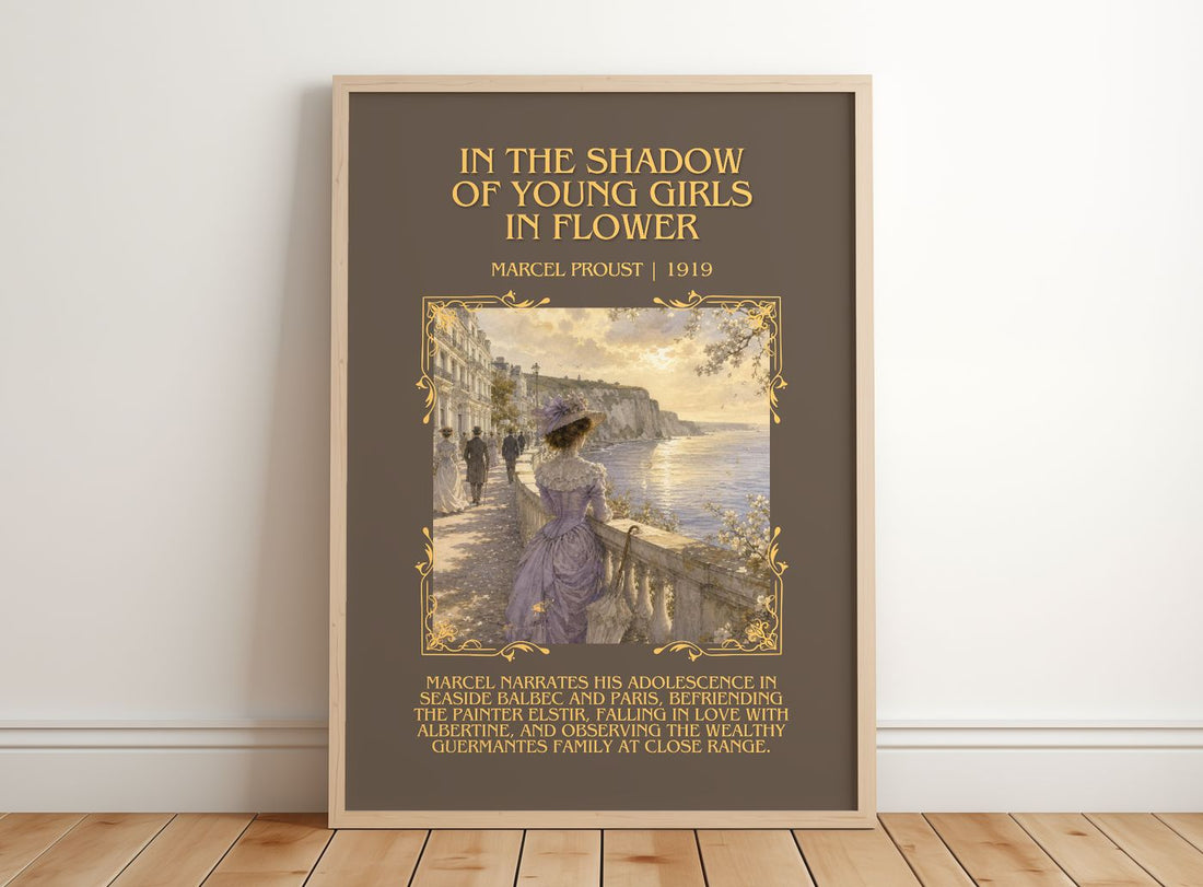 In The Shadow Of Young Girls In Flower Minimalist Book Poster – framed print leaning on a wooden floor
