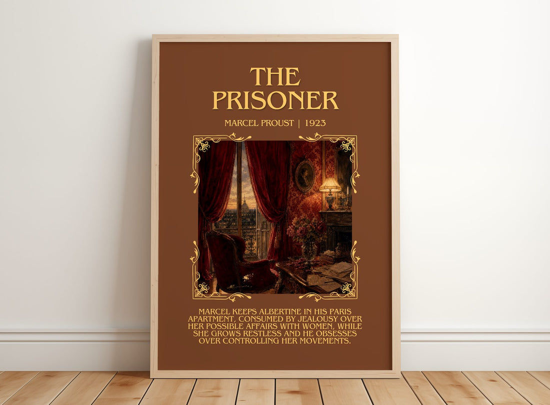 The Prisoner Minimalist Book Poster by Marcel Proust – framed print leaning on a wooden floor