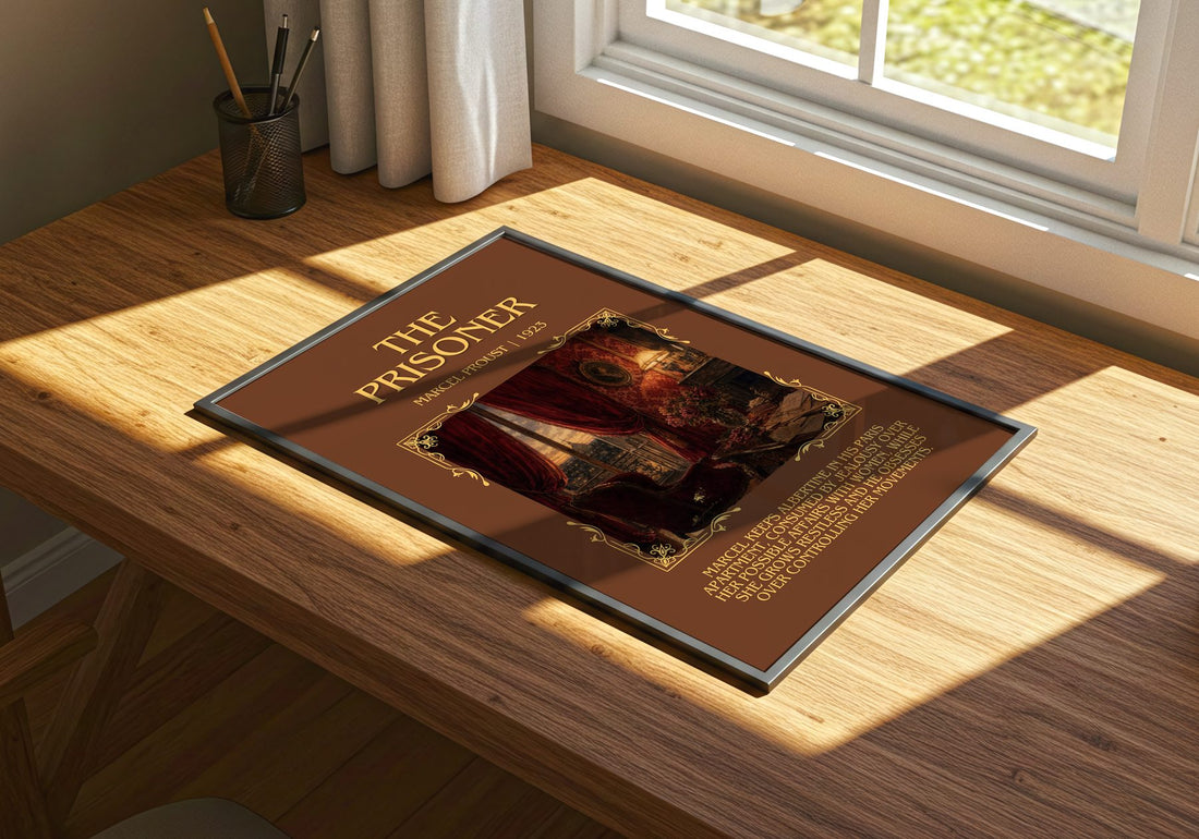 The Prisoner Minimalist Book Poster by Marcel Proust – print on a sunlit desk