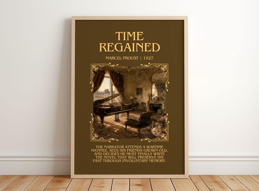Time Regained Minimalist Book Poster by Marcel Proust – framed print leaning on a wooden floor