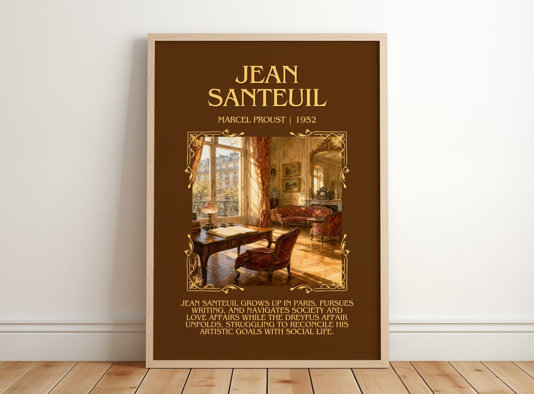 Jean Santeuil Minimalist Book Poster by Marcel Proust – framed print leaning on a wooden floor