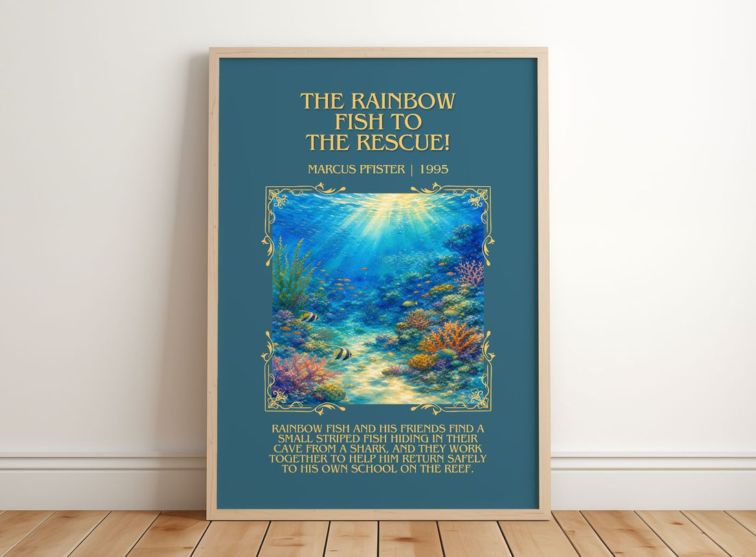 Rainbow Fish To The Rescue! Minimalist Book Poster by Marcus Pfister – framed print leaning on a wooden floor