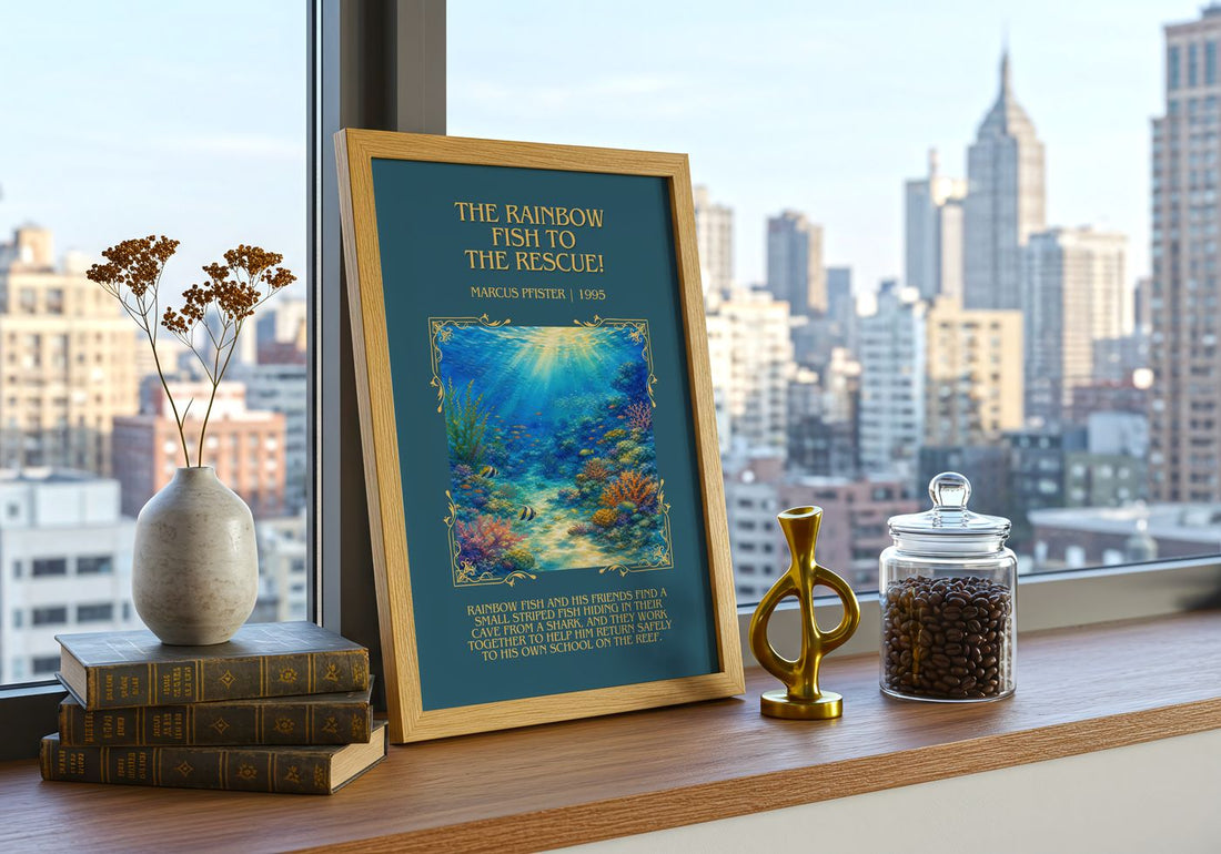 Rainbow Fish To The Rescue! Minimalist Book Poster by Marcus Pfister – framed print on a city-view windowsill
