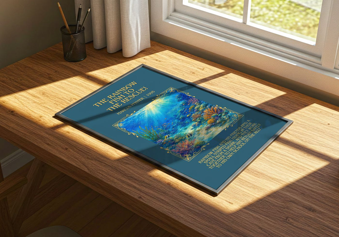 Rainbow Fish To The Rescue! Minimalist Book Poster by Marcus Pfister – print on a sunlit desk