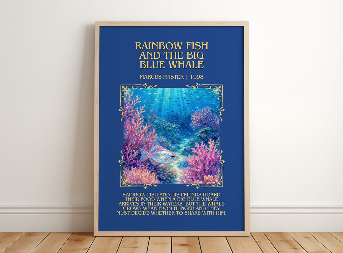 Rainbow Fish And The Big Blue Whale Minimalist Book Poster – framed print leaning on a wooden floor
