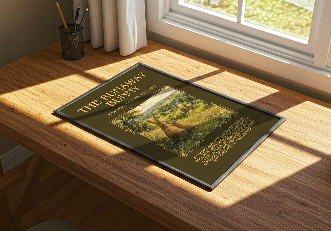 The Runaway Bunny Minimalist Book Poster by Margaret Wise Brown – print on a sunlit desk