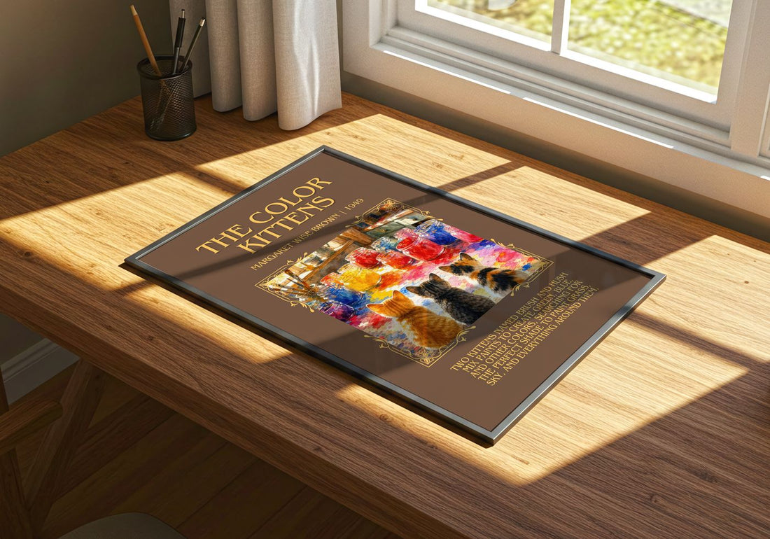 The Color Kittens Minimalist Book Poster by Margaret Wise Brown – print on a sunlit desk
